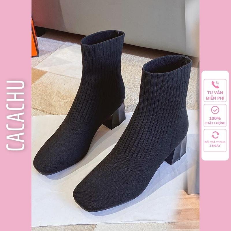 Boot len nữ cổ lửng đế cao 7cm màu đen đẹp hot trend 2022, Bốt nữ hàng Quảng Châu cao cấp len đẹp ôm chân CACACHU G044