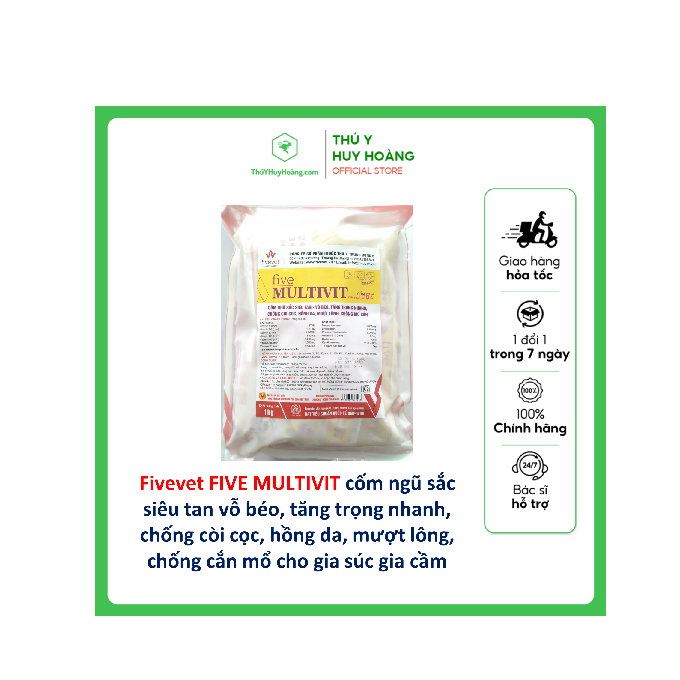 Five multivit cốm vỗ béo tăng trọng nhanh chống cắn mổ dùng cho gia súc gia cầm