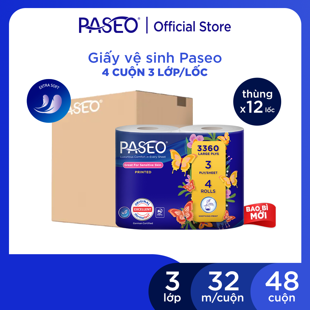 Paseo Premium Toilet Paper Box, 4 Rolls, 3 Layers, Dissolvable in Water - 2