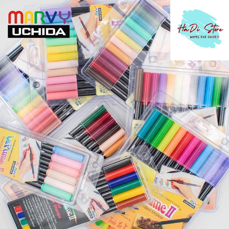 Bộ 6/12 bút brush marker marvy uchida le plume ii màu cơ bản/màu mới