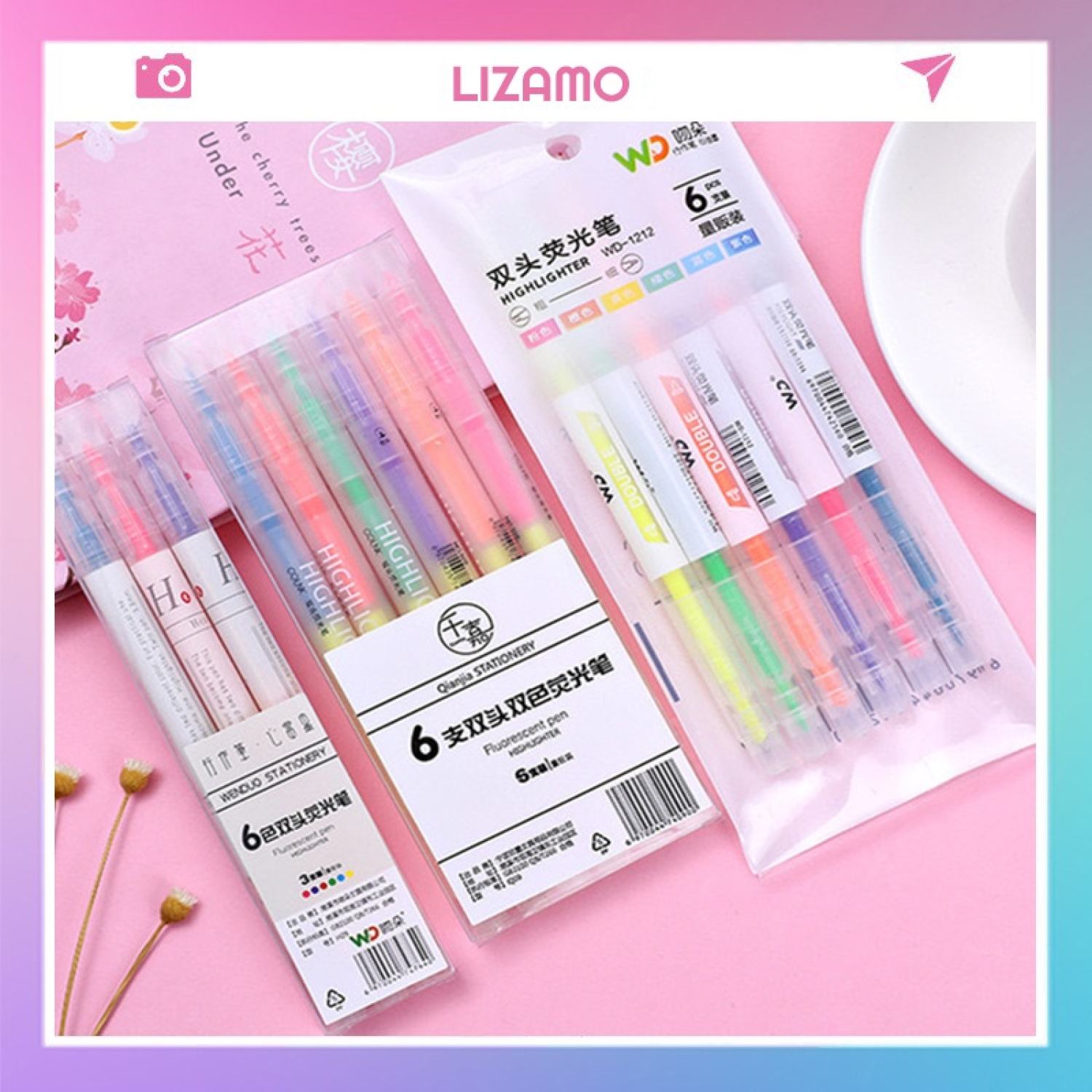 Set 6 bút dạ quang highlighter hai đầu đánh dấu nhớ dòng tiện lợi
