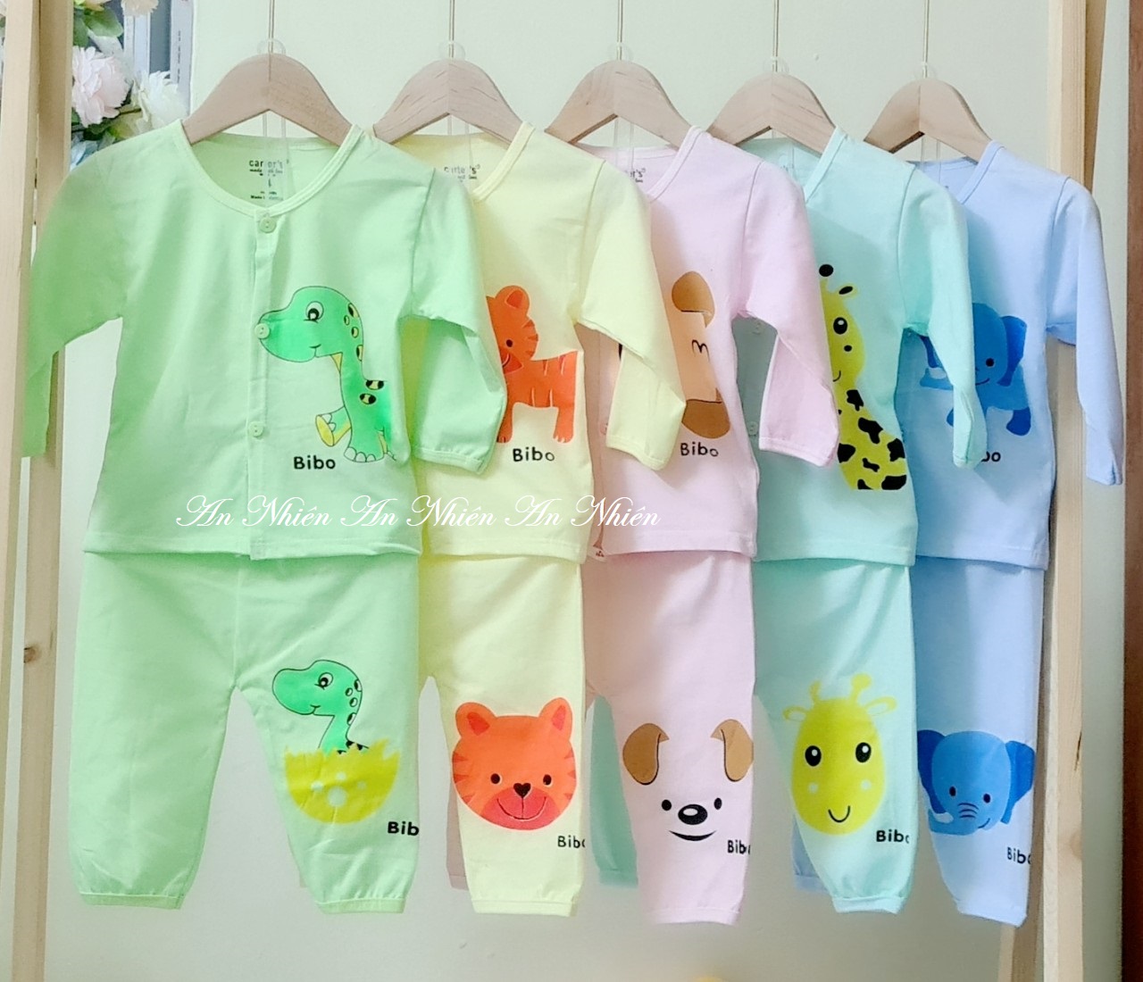 [Có mã giảm giá] Combo 5 bộ Bibo màu quân dài áo dài  khuy giữa cotton 2c cho bé 3-14kg