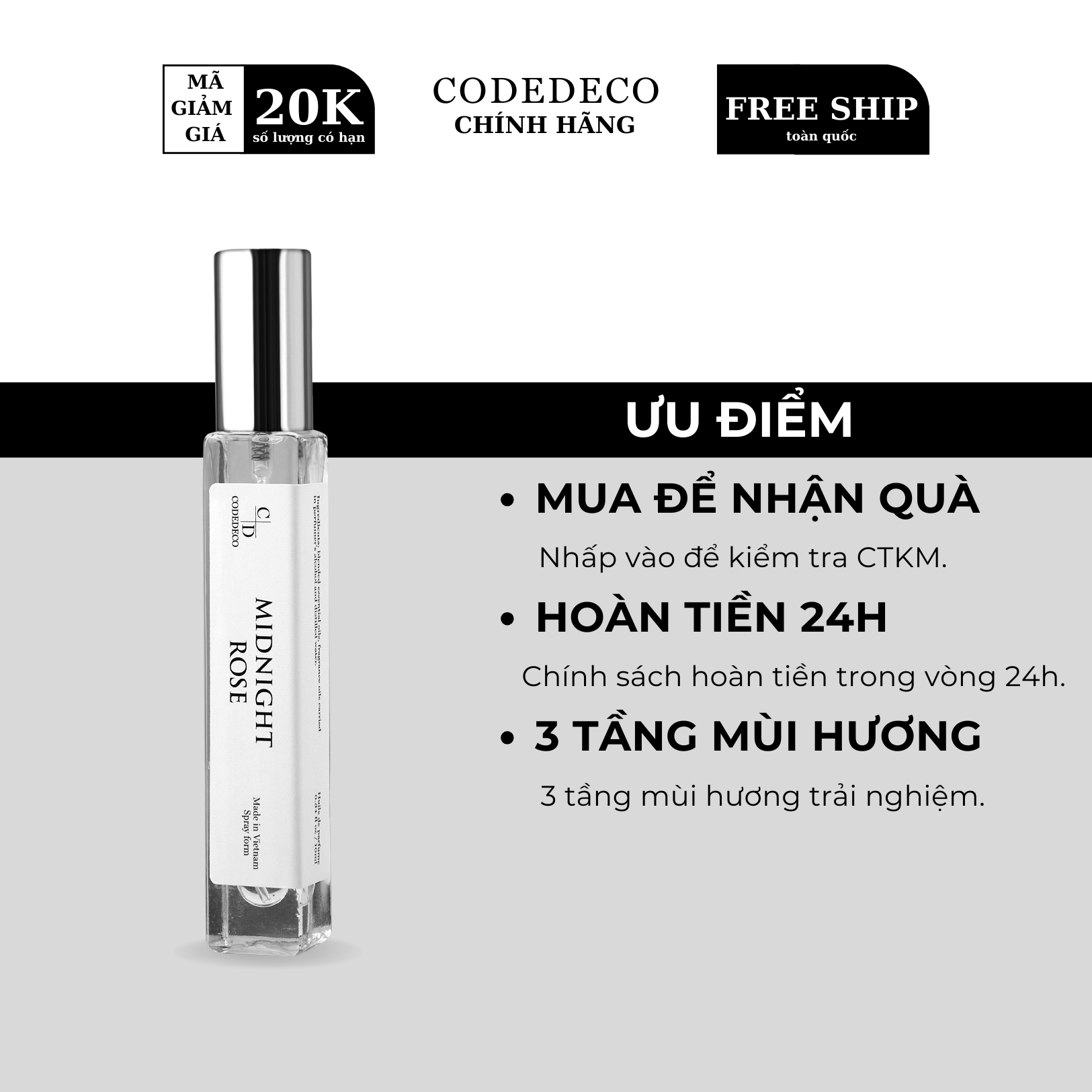 Tinh dầu nước hoa codedeco midnight rose 10ml, bí ẩn, đằm thắm