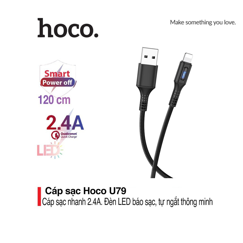 Cáp sạc nhanh 2.4A truyền dữ liệu Hoco U79 Lightning tự ngắt khi pin đầy tích hợp đèn Led báo sạc dài 1.2M cho iPhone