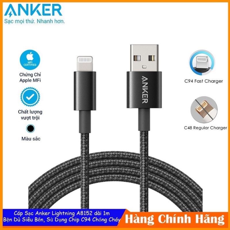 Dây cáp sạc anker lingtning dây dù siêu bền a8152 dài 1m - a8152