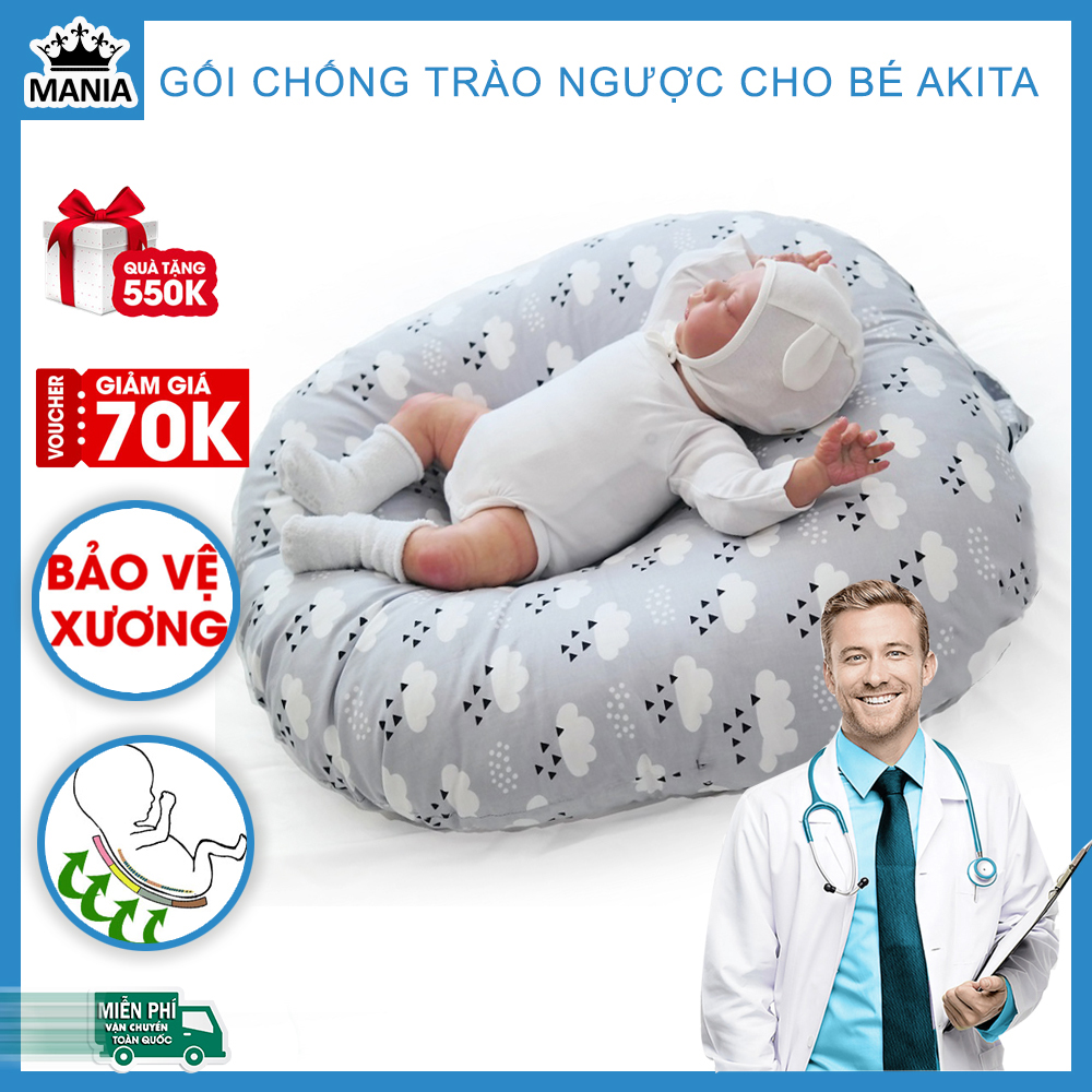 Gối chống trào ngược cho bé AKITA ROYAL K75 cao cấp, bảo vệ xương được chuyên gia khuyên dùng, gối cho bé sơ sinh nằm ngủ ngon, hỗ trợ bé tập lẫy, chất liệu 100% cotton Hàn an toàn cho làn da của bé, quà tặng 550K - Shop MANIA