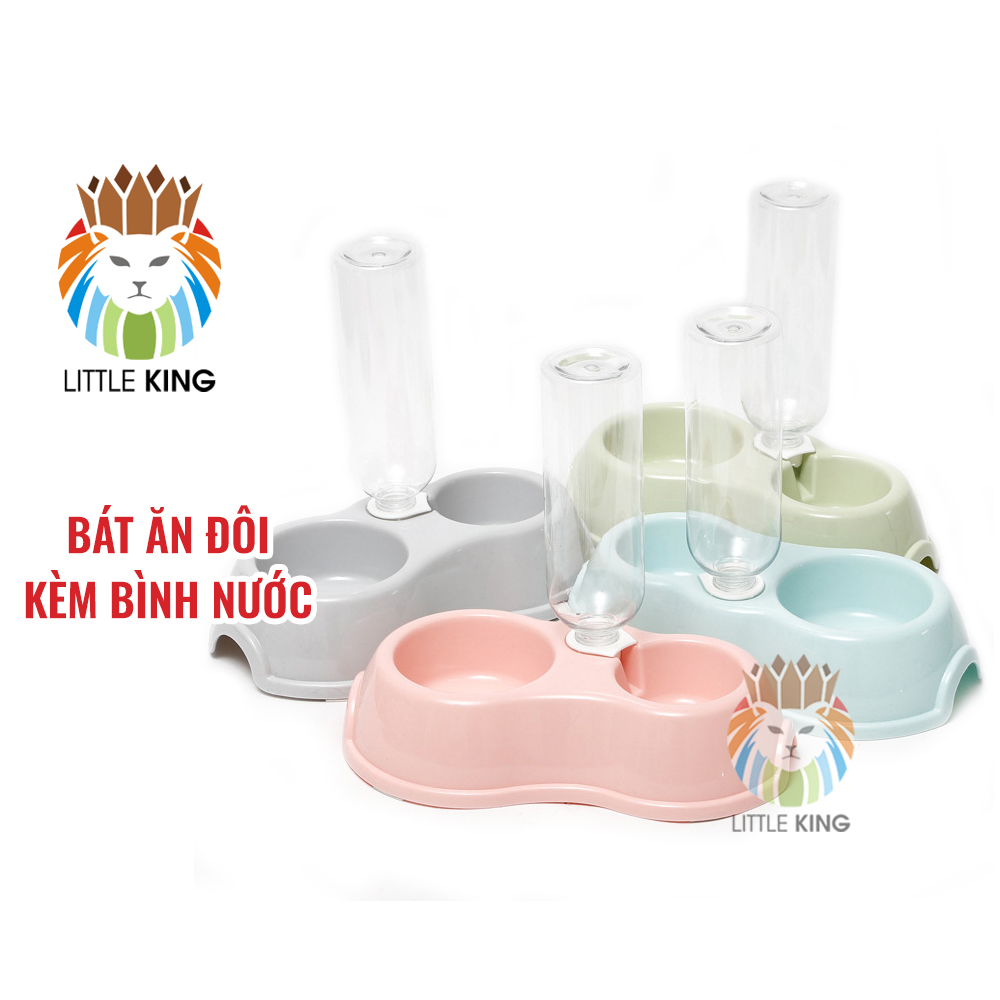 Bát ăn đôi kèm bình nước tự động cỡ nhỏ cho chó mèo, thú cưng Little King pet shop chất liệu nhựa PP