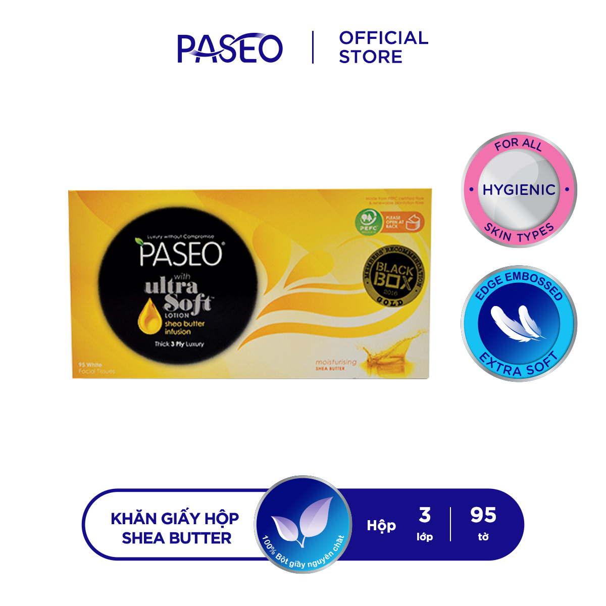 Khăn giấy hộp cao cấp Paseo Shea Butter siêu mềm mại chiết xuất bơ hạt mỡ (95 tờ 3 lớp)/hộp