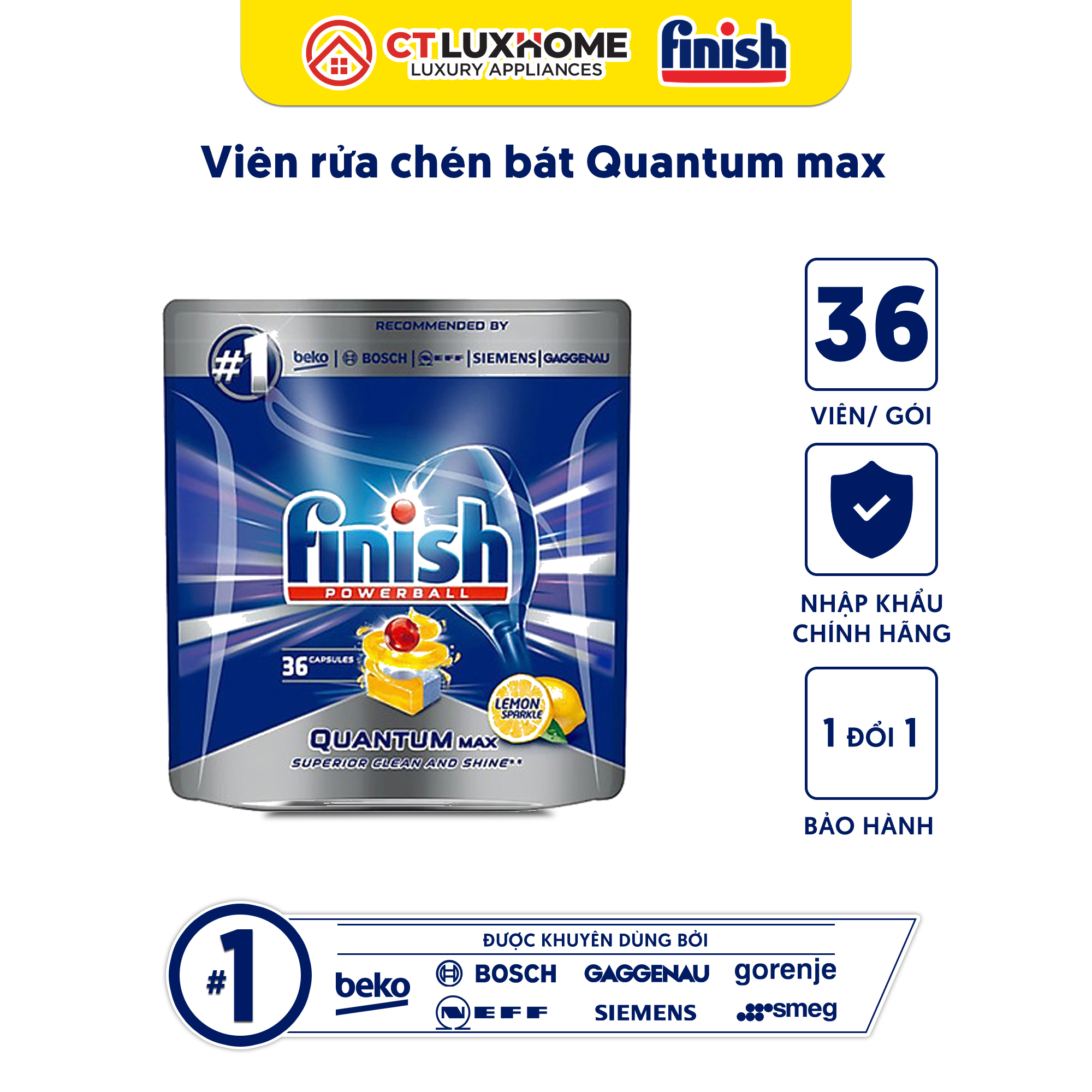 Viên rửa chén bát Finish Quantum Max 36 viên hương chanh [14 chức năng]