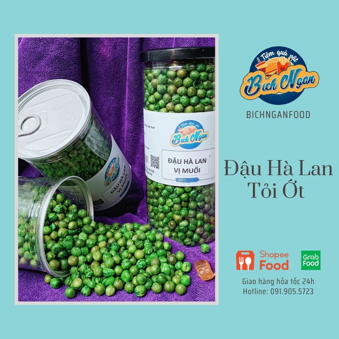 Lon 500g đậu hà lan tỏi ớt. ăn vặt ngon