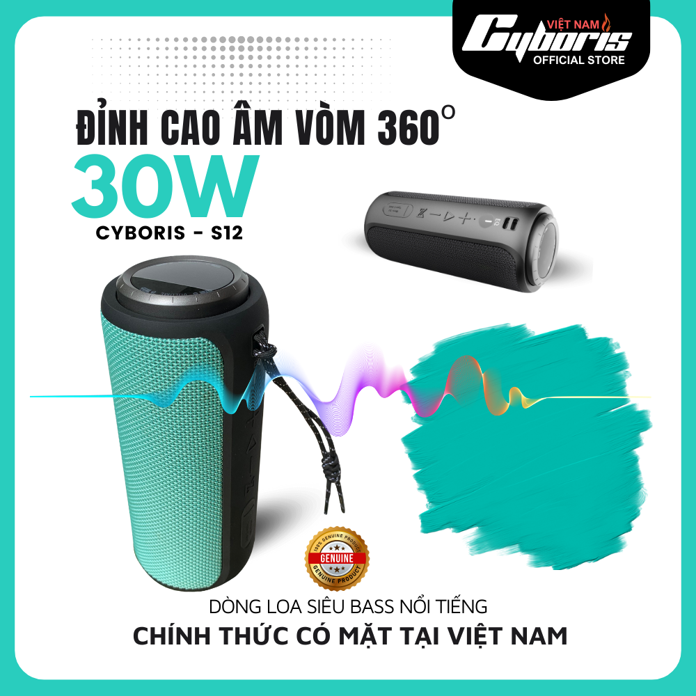 Loa bluetooth cyboris s12, công suất 30w, loa siêu bass, chống nước ipx7, pin 4000mah. bảo hành chính hãng 12 tháng.