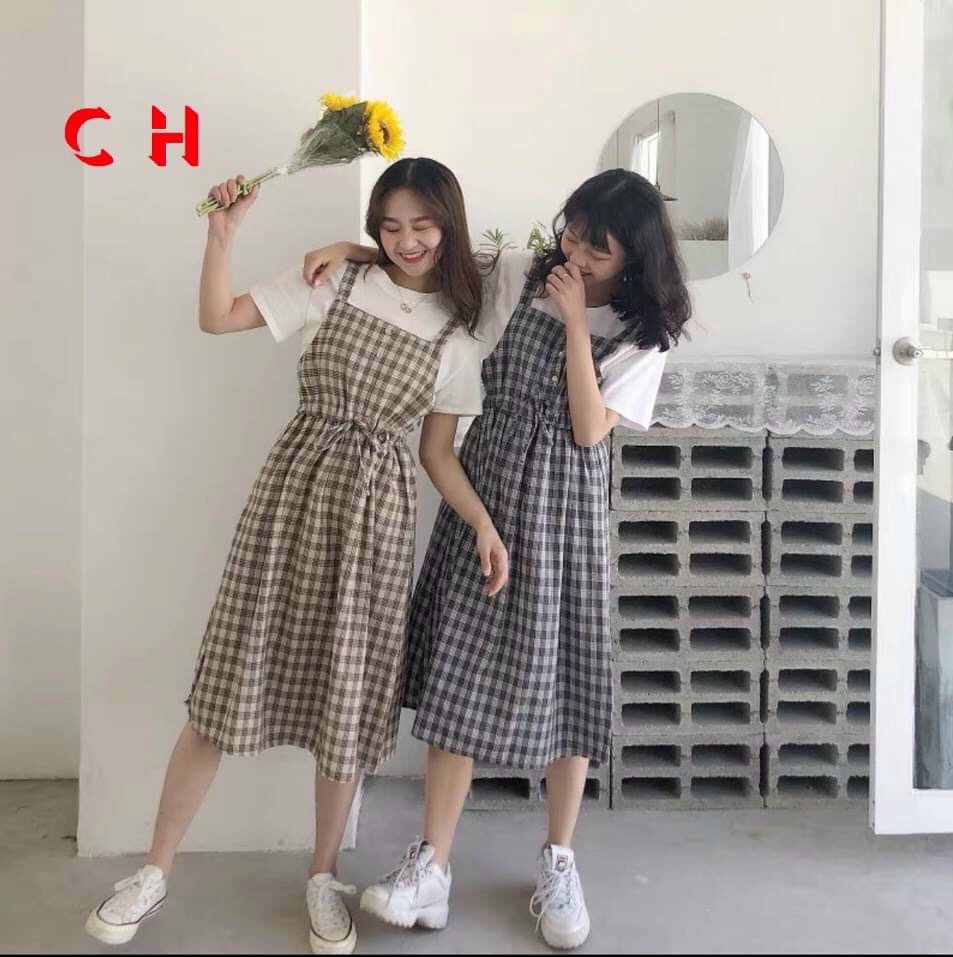 Sét váy yếm kẻ caro đính cúc chun eo tặng kèm áo trắng siêu cute, minhquang2017