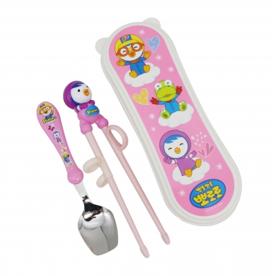 Đồ dùng ăn dặm cho bé 2 món Edison 9859 hình Pororo hồng có hộp đảm bảo an toàn vệ sinh