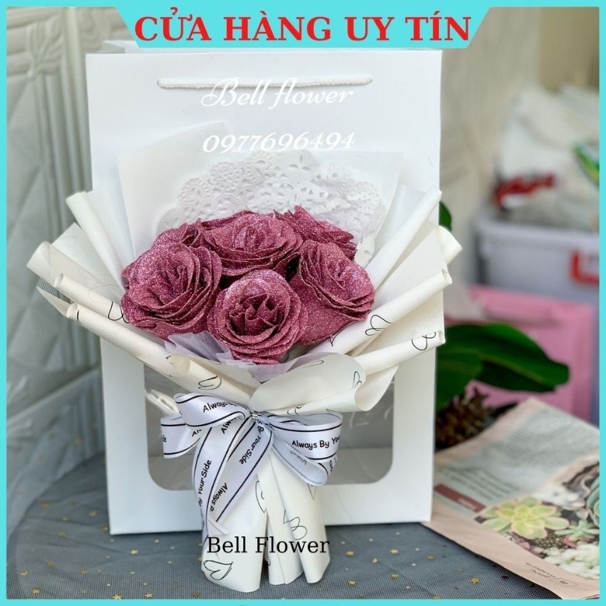 Hoa Hồng Sáp Nhũ 7 Bông Tặng Thiệp, Bó Hoa Sáp Giả Nhũ Kim Tuyến Đẹp Vĩnh Cửu, Quà Tặng Sinh Nhật Valentine Bell Flower
