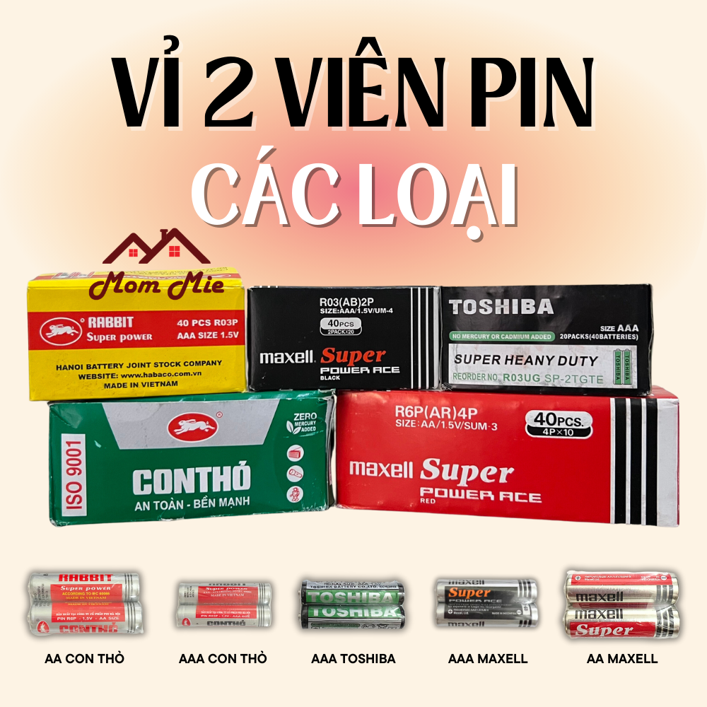 Vỉ 2 viên pin aa con thỏ / pin aaa con thỏ, maxell, toshiba