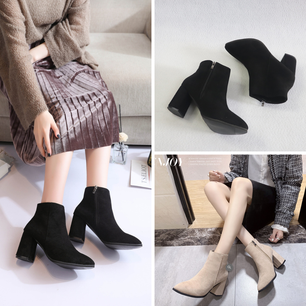 [ Có video] Giày boot nữ cổ ngắn GÓT VUÔNG 8CM style ĐƠN GIẢN chất da lộn 2 màu ĐEN/ KEM hiện đại GBN134