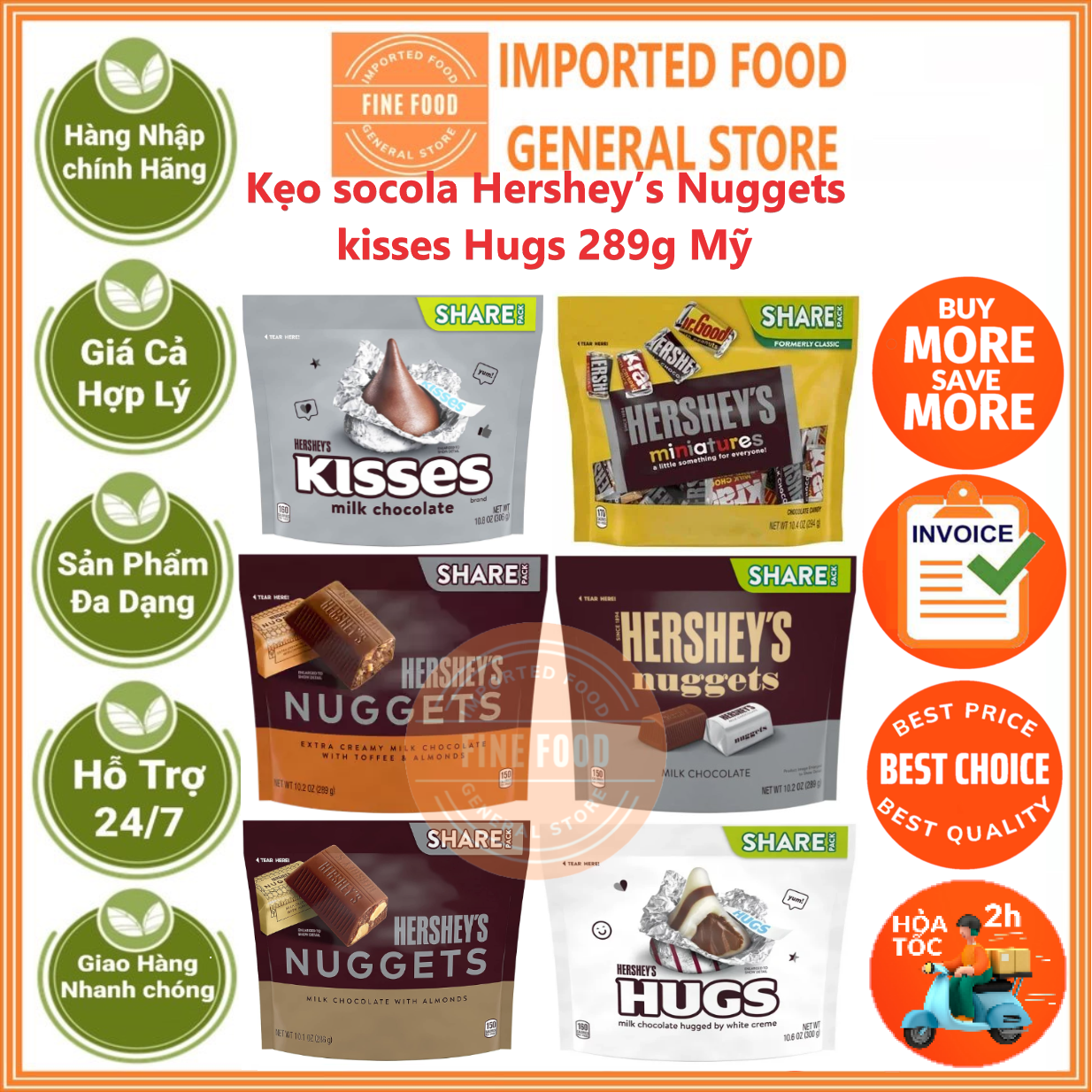 Kẹo Socola Hershey's Miniatures, Nugget Milk chocolate with Toffee & almond, milk chocolate,Kisses m