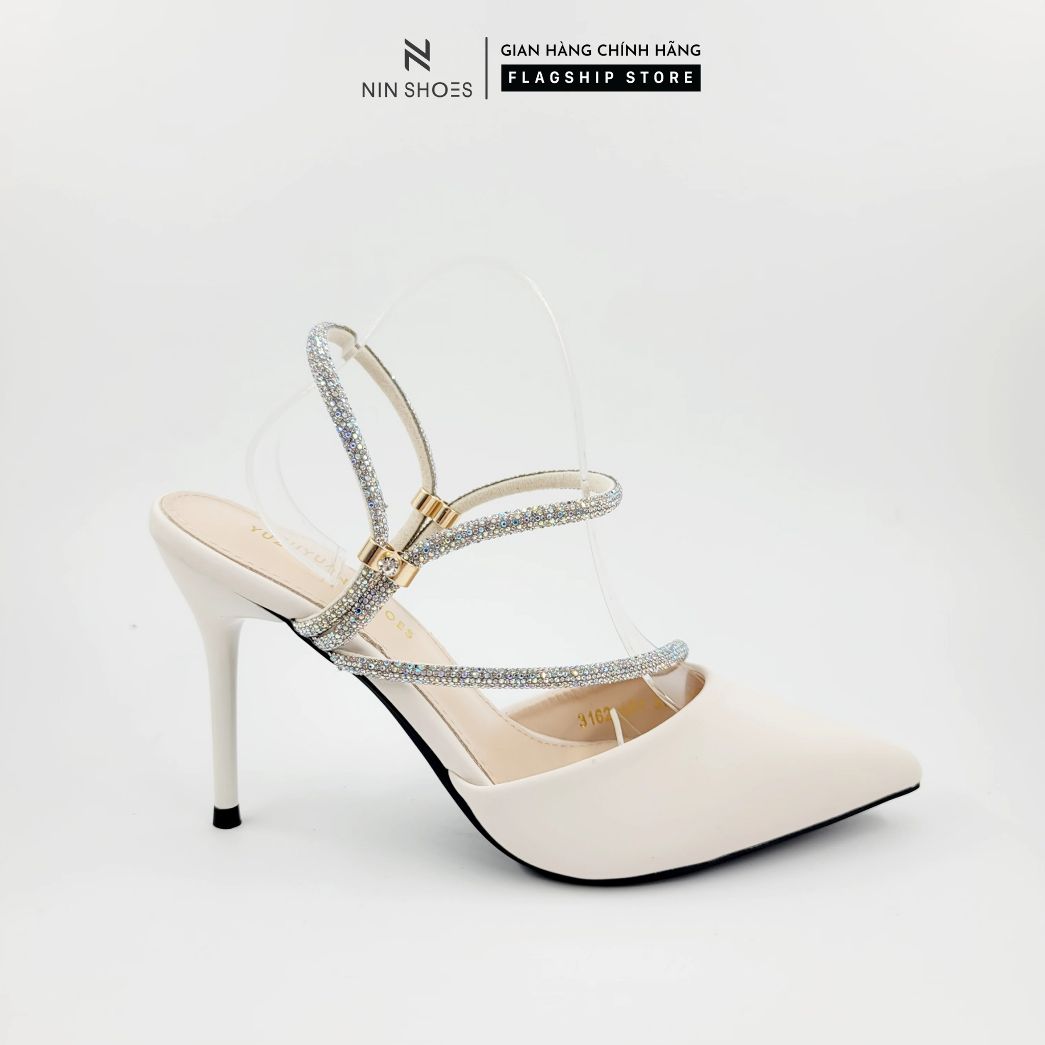 Giày Sandal Ninshoes - Sandal mũi nhọn 10p đế nhọn bít mũi hai dây đính cườm chéo