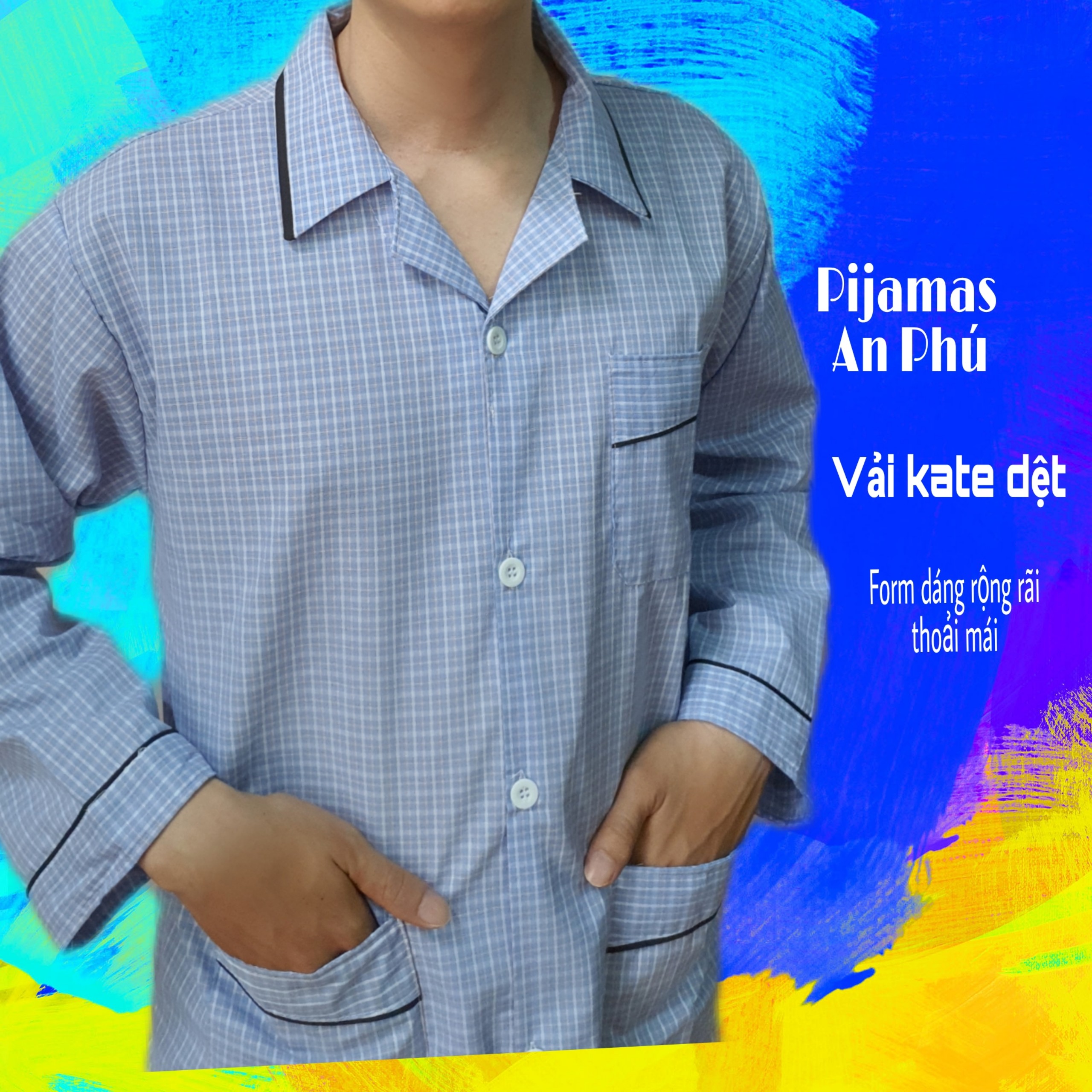 (Ảnh thật) Bộ đồ ngủ pijama kate Tay dài quần dài kẻ sọc caro dành cho Nam