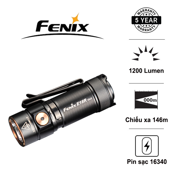 Đèn pin fenix e18r v2.0 sáng 1200 lumen chiếu xa 146m led luminus sst40 pin 16340 700mah sac usb c bảo hành 5 năm