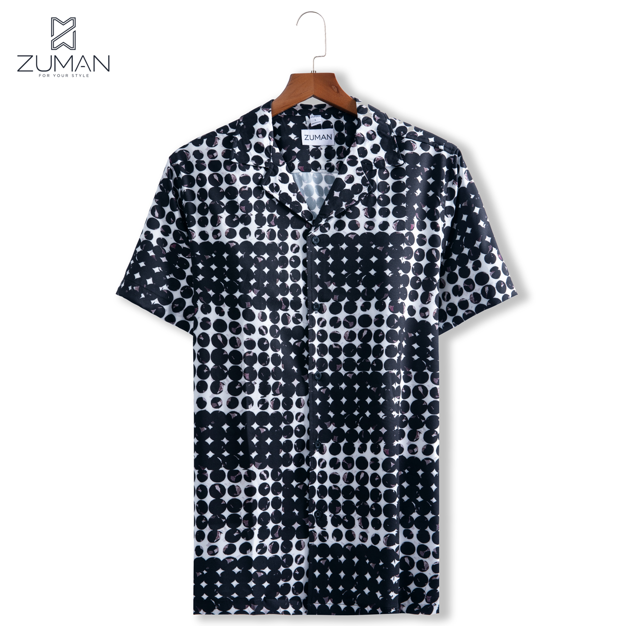 Áo sơ mi nam ngắn tay vải lụa thiết kế hoạ tiết hình tròn đối xứng - ZUMAN - ASM209