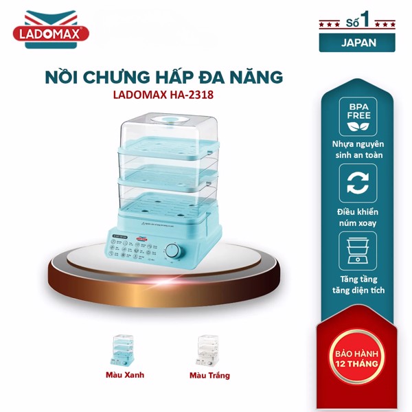 Nồi nấu đa năng, nồi lẩu điện đa năng, nồi hấp cao cấpnồi hấp điện đa năng 3 tầng ladomax ha-2318l, bảo hành 1 năm