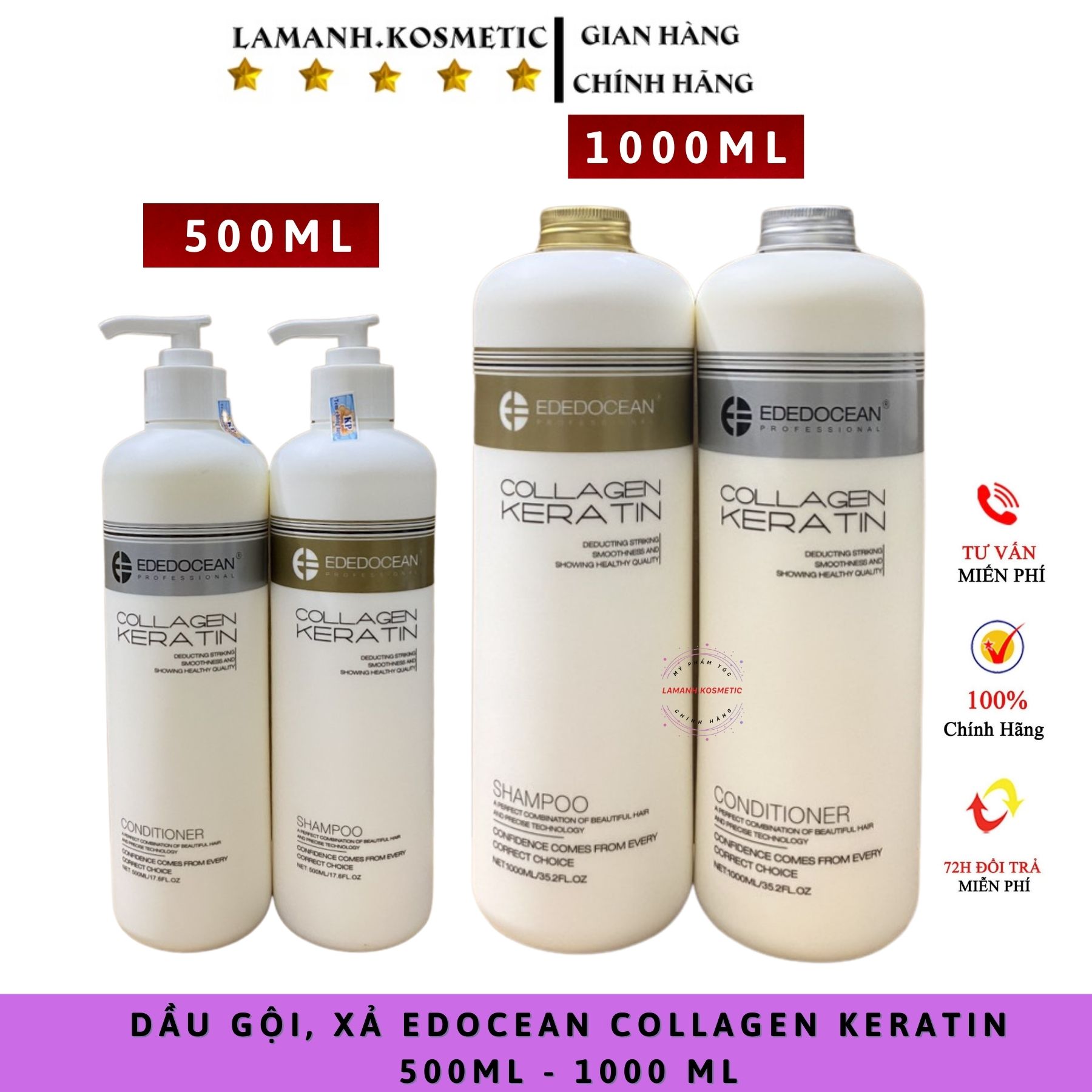 Dầu gội edocean - keratin kiềm dầu siêu phục hồi mềm mượt chống rụng tóc cặp 1000ml chính hãng
