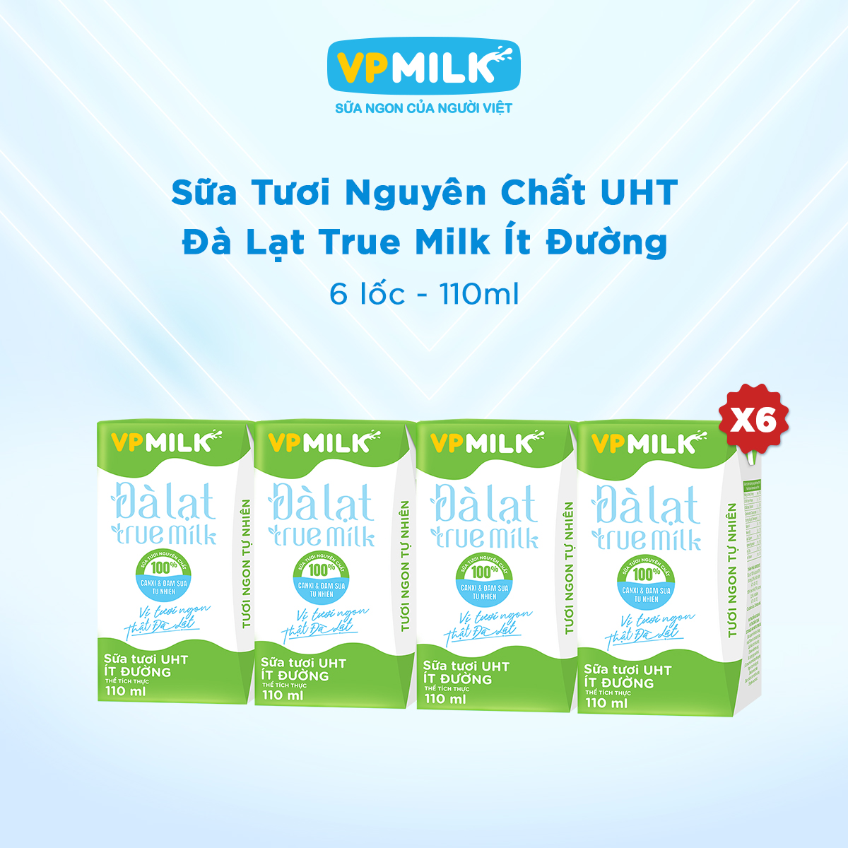 [6 Lốc 110ml] Sữa Tươi  UHT Đà Lạt True Milk Ít Đường VPMilk