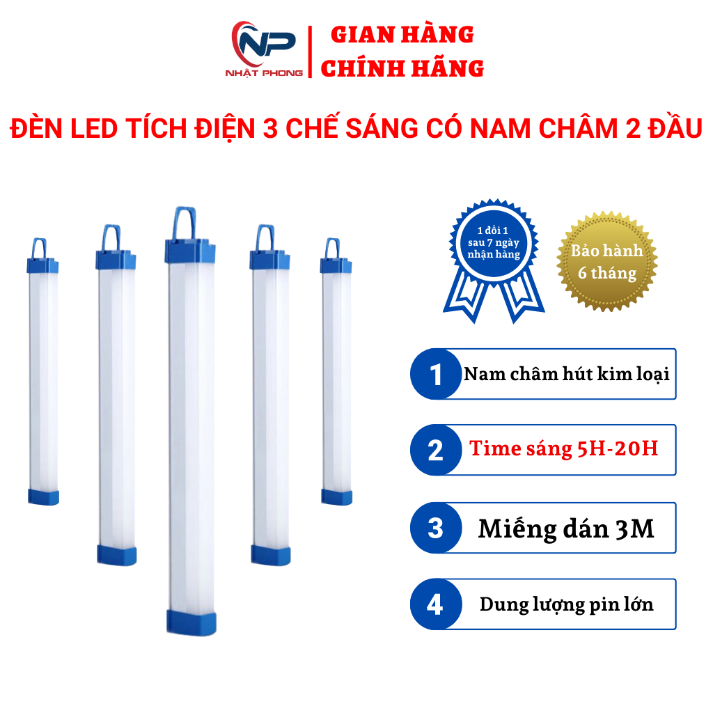 Đèn led siêu sáng, đèn tích điện Nhatphongsolartrang trí phòng 20W, 40W, 60W, 3 chế độ sáng, có nam châm 2 đầu, chống nước IP65, quà tặng 4 nút bịt ổ cắm