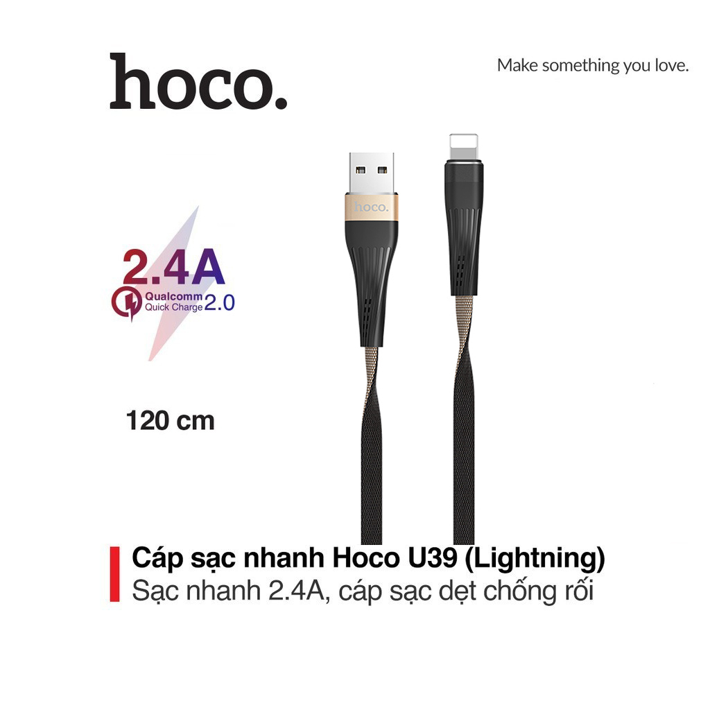 Cáp sạc 2.4A Hoco U39 Lightning dây dẹt truyền dữ liệu nhanh chóng cho iPhone dài 1.2M
