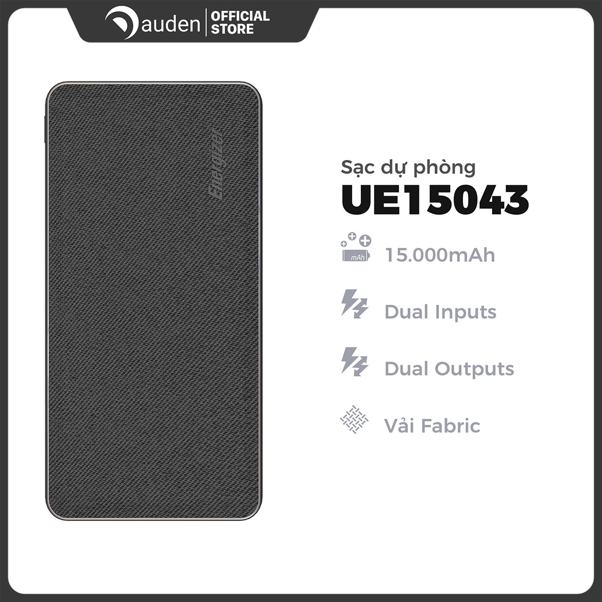Sạc dự phòng Energizer UE15043 15,000mAh hỗ trợ sạc nhanh, thiết kế bọc vải fabric thời trang chống bám vân tay - Dâu Đen Store