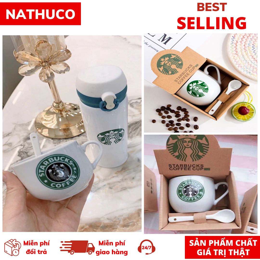 Combo bình giữ nhiệt kèm cốc cafe starbuck tặng thìa sứ cốc uống xanh ly cafe sứ kèm thìa tiện lợi