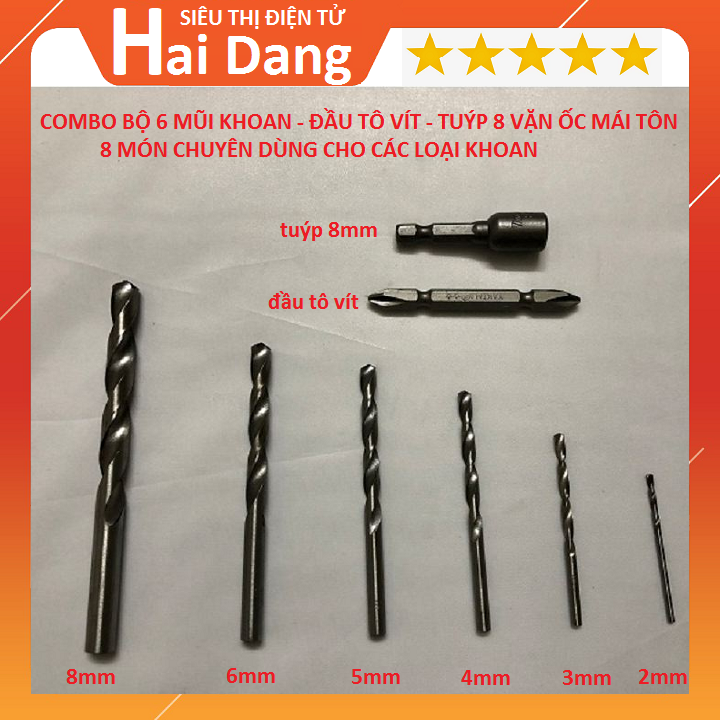 bộ 6 Mũi Khoan Và Đầu Tô Vít Và Tuýp 8 Vặn Ốc Mái Tôn Tổng 8 món