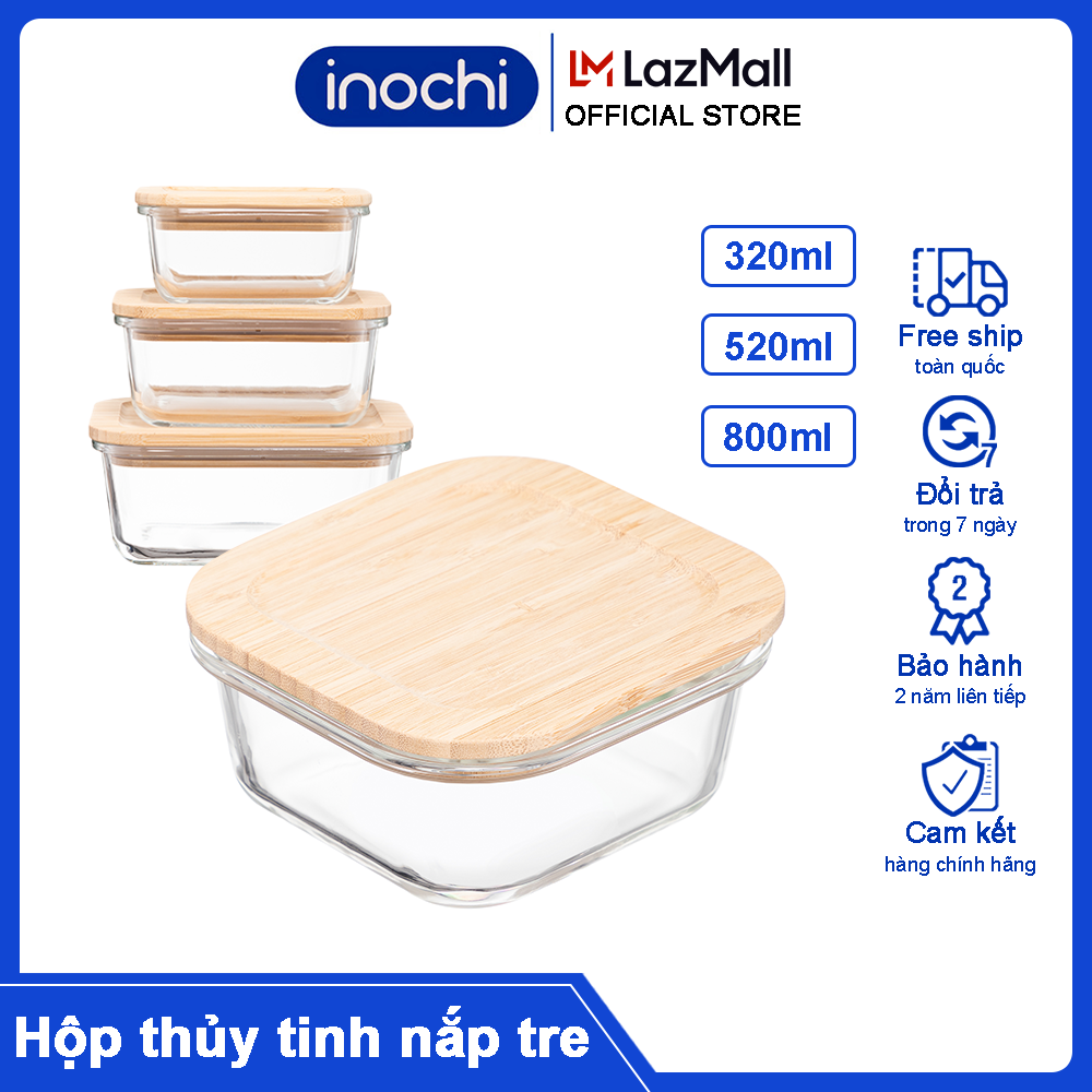 Hộp thủy tinh nắp tre - hộp thực phẩm nắp tre Vuông - hộp thực phẩm inochi - hộp thực phẩm - hũ đựng thực phẩm - bát thủy tinh