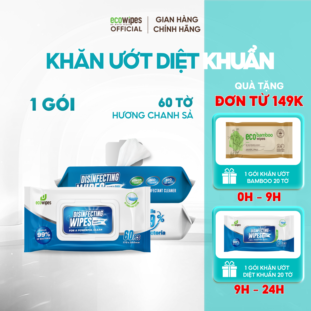 Khăn ướt diệt khuẩn EcoWipes có cồn diệt 99,9% vi khuẩn có hại trên nhiều bề mặt, dễ dàng vệ sinh lau chùi