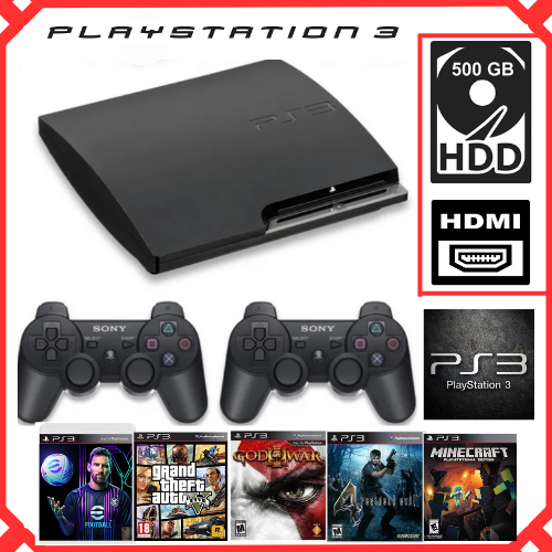 Máy chơi game Ps3 500GB 2 tay cầm không dây (đã cài sẵn game đầy ổ 500gb) PlayStation 3, PES 2025, Fifa 24, God of War 3, GTA 5 - chính hãng Sony Nhật