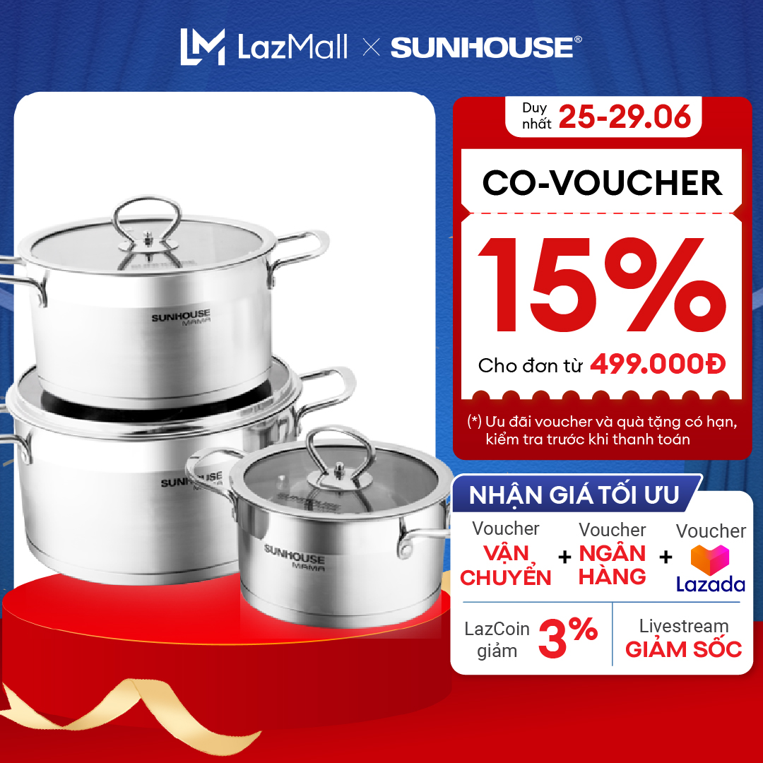 Bộ nồi inox 5 đáy - Dùng được với mọi loại bếp Sunhouse Mama SH784 - 5 lớp đáy tỏa nhiệt đều, giữ nhiệt lâu, hạn chế cháy khét- Đường kính lòng nồi 16 – 20 – 24cm