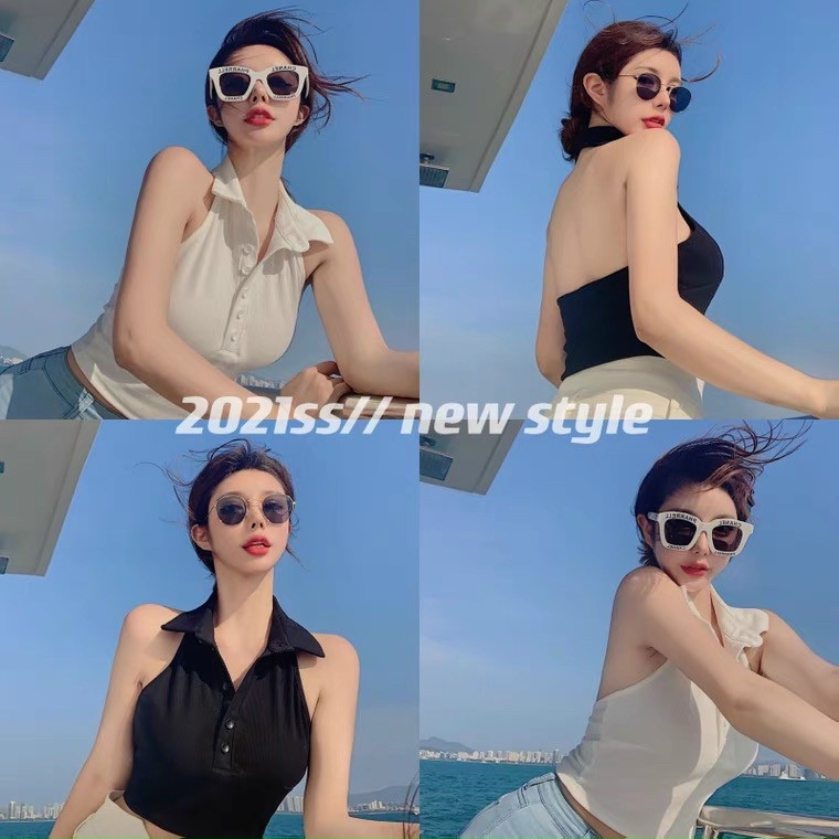 Áo ba lỗ cổ bẻ hở lưng, áo thun croptop cổ đức hở lưng