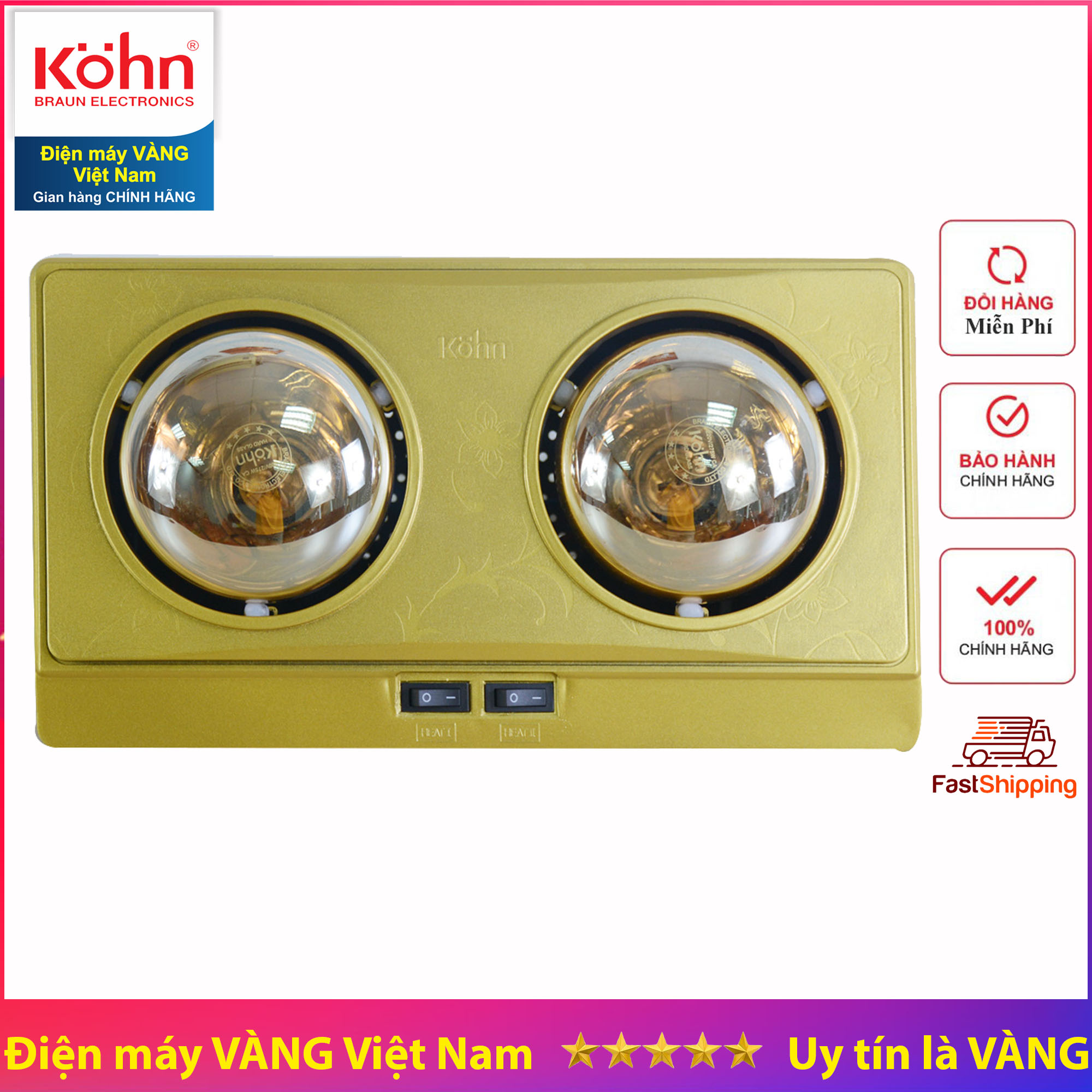 Đèn sưởi nhà tắm 2 bóng Braun Kohn KN02G