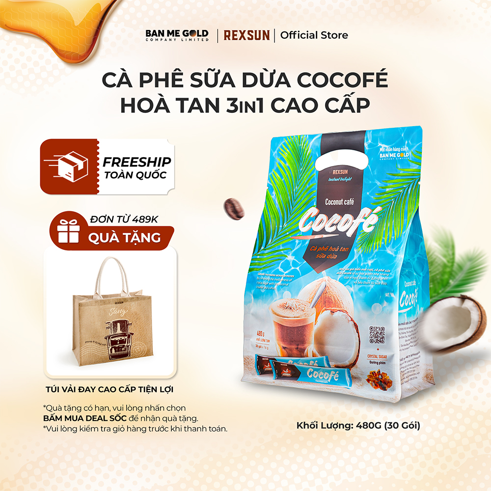 [TẶNG TÚI CÓI] Cà Phê Sữa Dừa Cocofe – Túi 480gr (30 Gói) - Cafe Hòa Tan Cao Cấp Chính Hãng Ban Me G