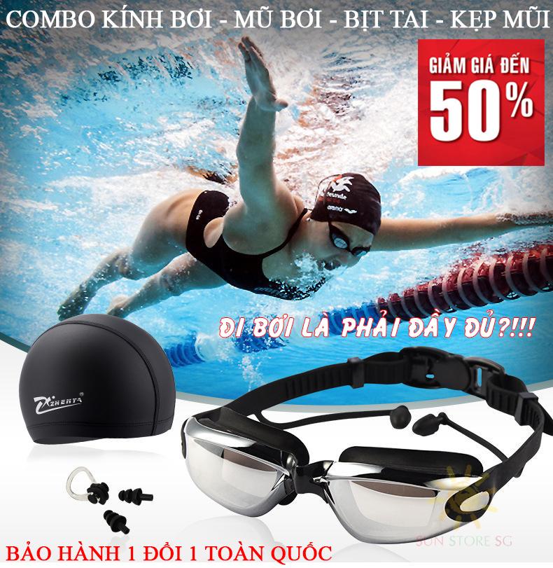 Kính bơi giá rẻ, mũ bơi, Set kính bơi kèm mũ bơi, Tặng phiếu bảo hành 1 năm Toàn quốc