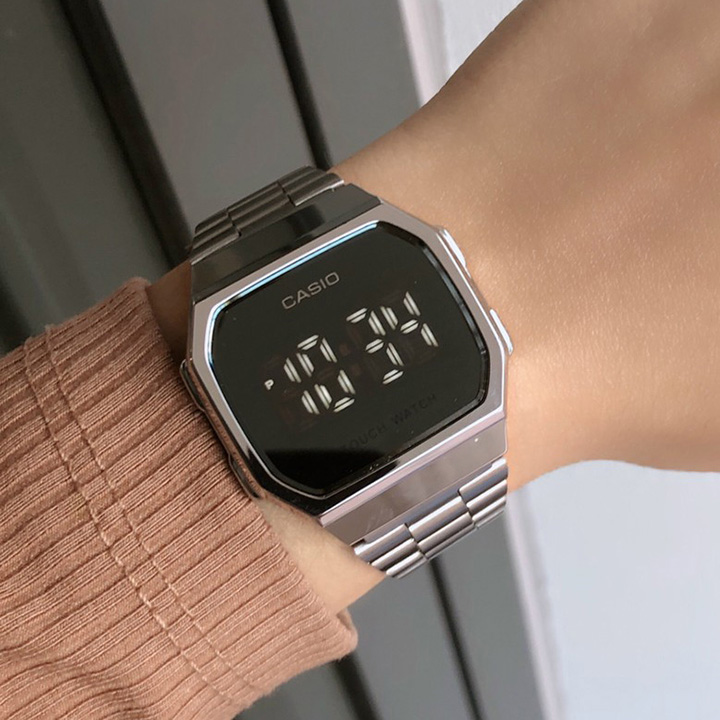 Đồng hồ đeo tay casio tráng gương mặt led đen cảm ứng cực sang trọng, dây thép không dỉ.