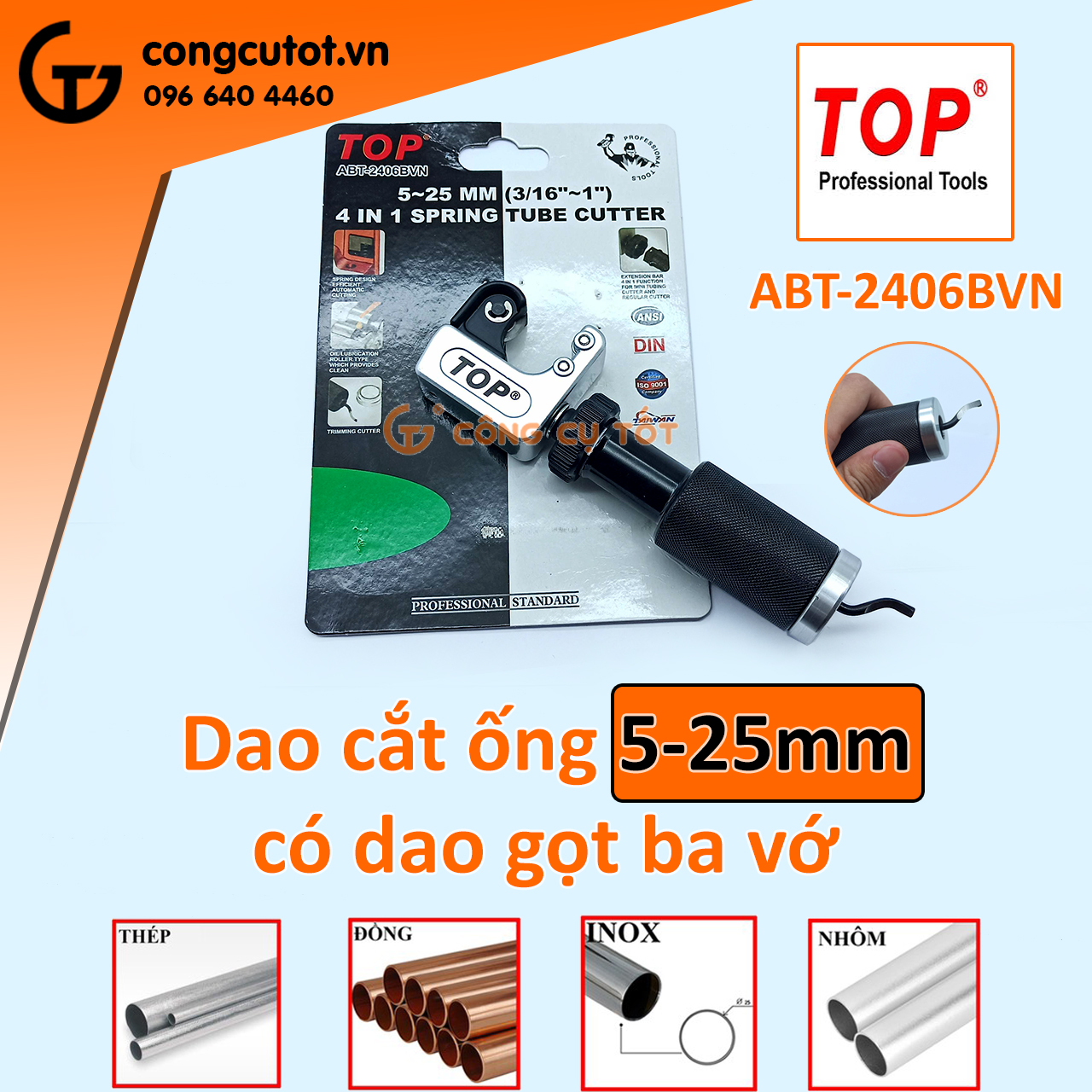 Dụng cụ cắt ống đồng, nhôm, inox top abt-2406bvn đài loan 5-25mm tặng lưỡi gọt bavia
