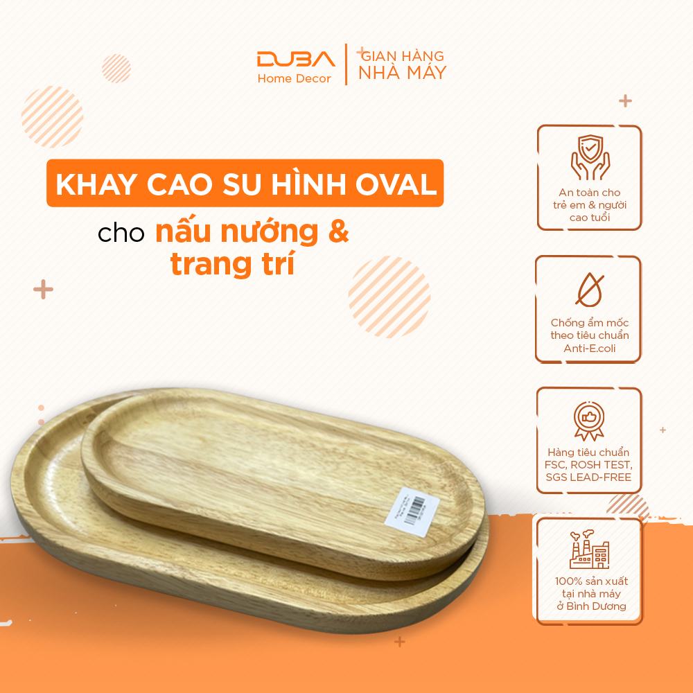 Khay gỗ cao su decor, thớt gỗ trang trí hình oval màu tự nhiên đạt chuẩn xuất khẩu - DUBA
