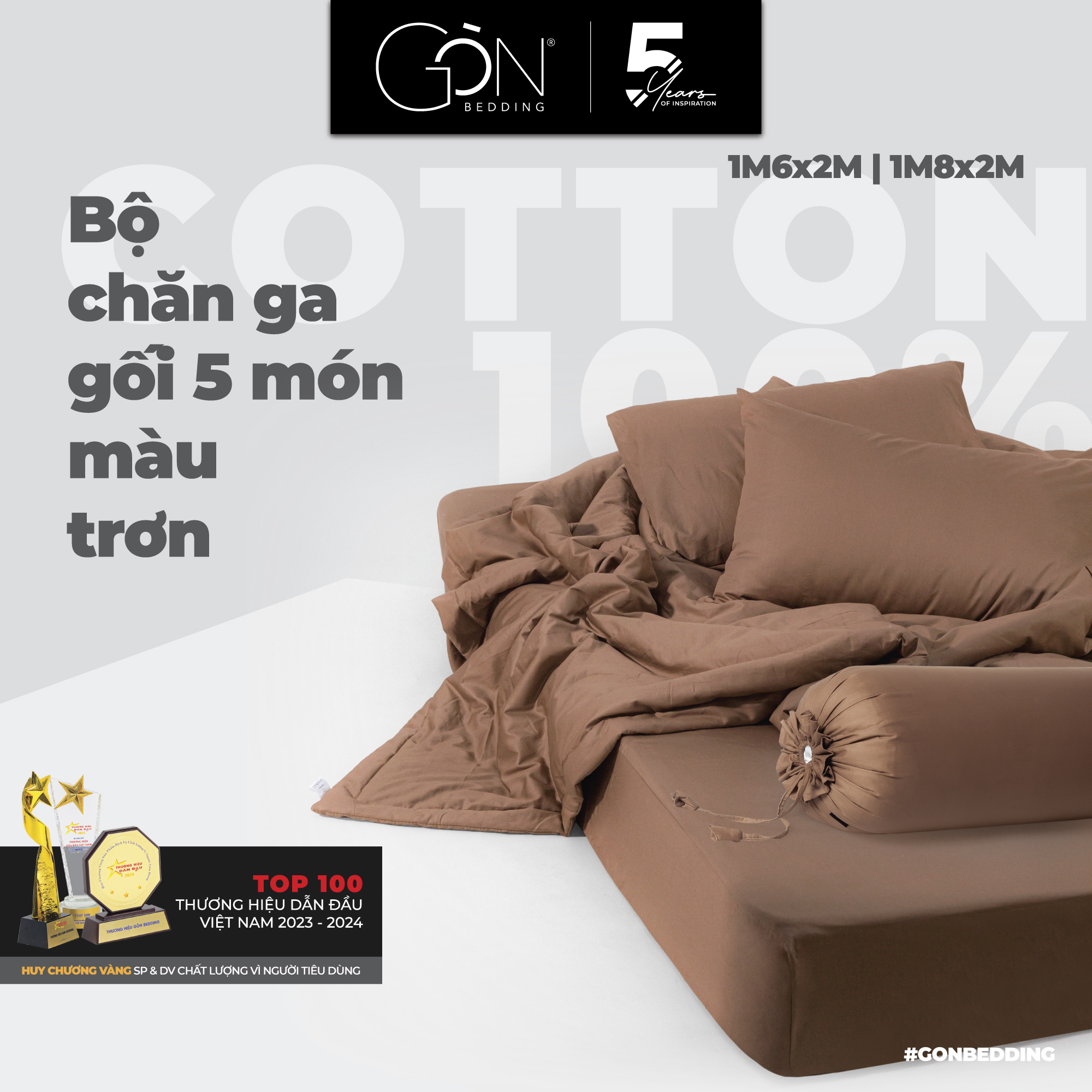Bộ chăn ga 5 món gòn bedding cotton 100% màu trơn 1m6x2m, 1m8x2m