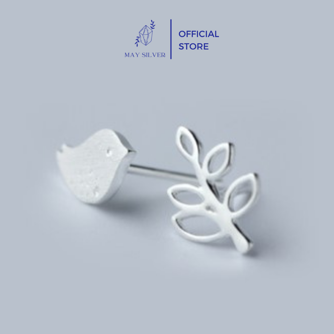 Khuyên tai bạc nữ - Bông tai bạc nữ cá tính - Bông tai nụ con chim và chiếc lá tối giản Minimalism Mây Silver K25