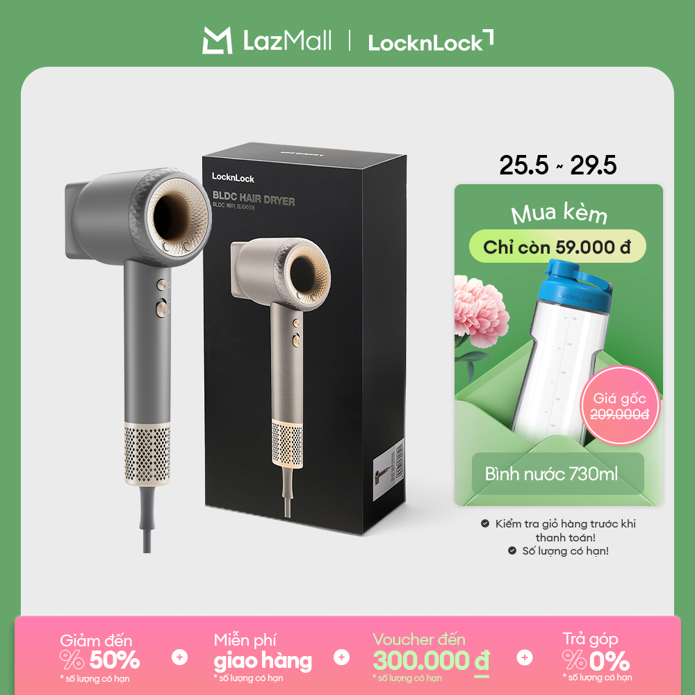 Máy sấy tóc ion âm LocknLock hair dryer đầu sấy từ 360 độ, chức năng tự làm sạch ENA316GRY