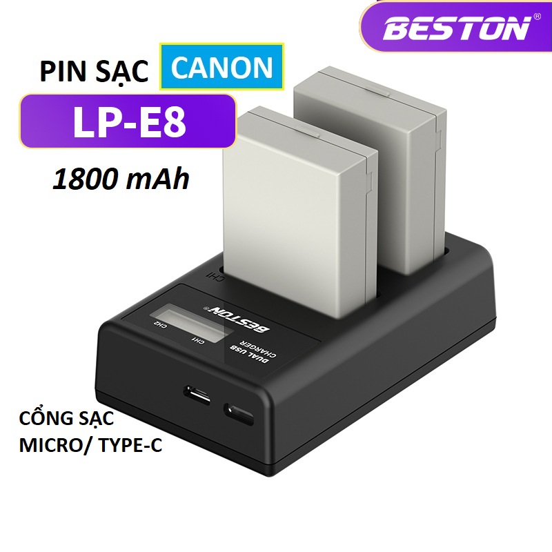 Pin LP-E8 1800mAh, Bộ Sạc BESTON Dùng Cho Máy Ảnh Canon EOS 550D 600D 650D 700D Kiss X4 X5 X6i