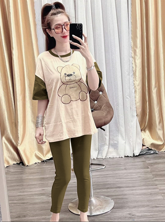 Đồ bộ áo cotton quần thun gân - logo thêu - phối màu