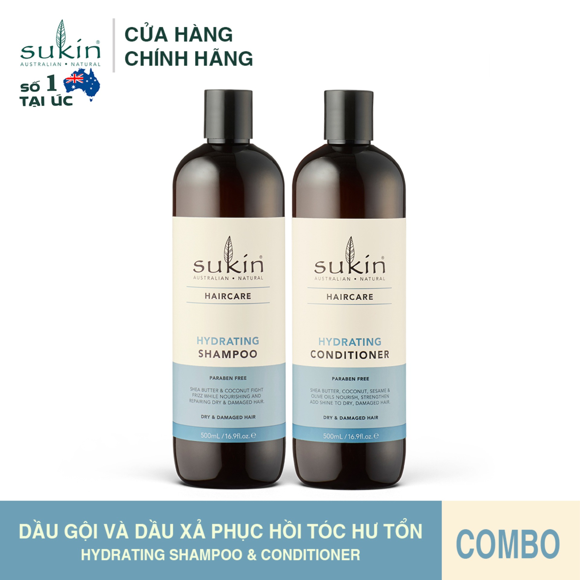 Combo dầu gội và dầu xả phục hồi tóc hư tổn gãy rụng sukin hydrating 500ml x 2